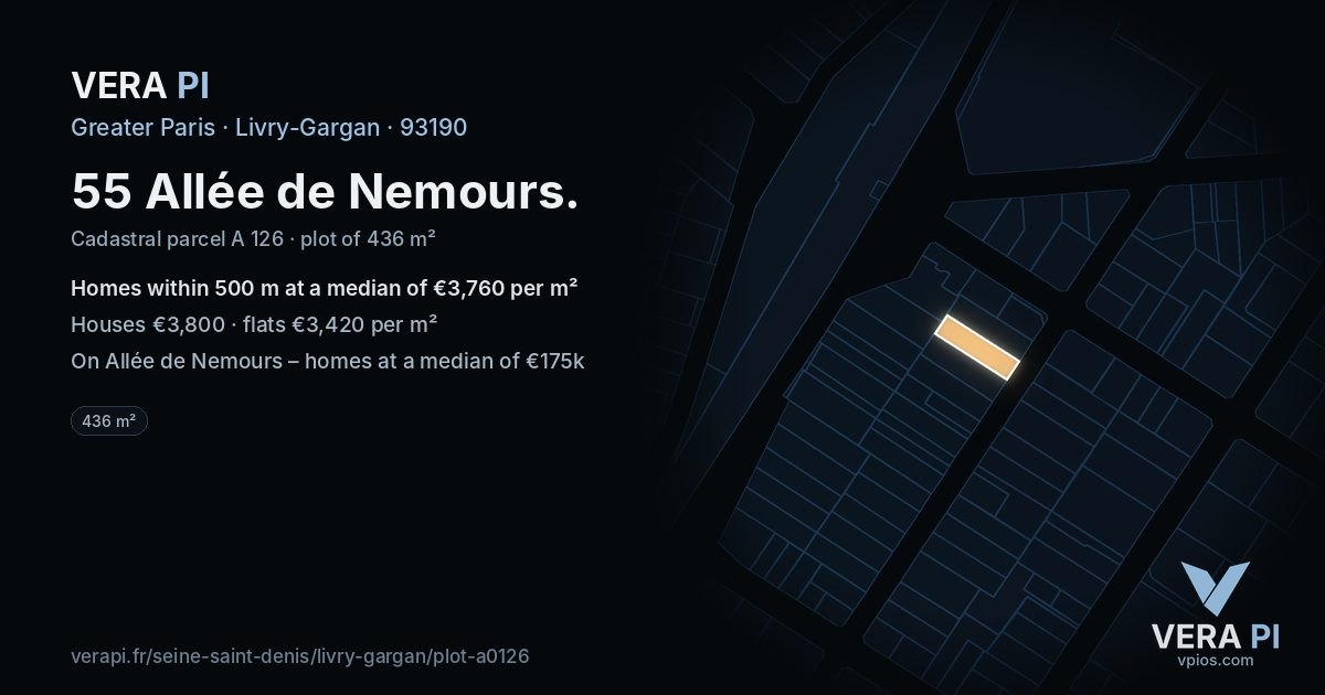 55 Allée de Nemours, Livry-Gargan at night – the plot lit, the parcels around coloured by the prices near them