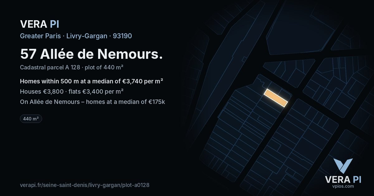 57 Allée de Nemours, Livry-Gargan at night – the plot lit, the parcels around coloured by the prices near them