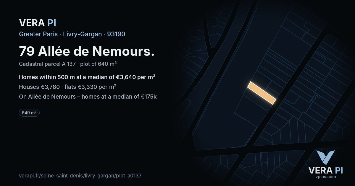 79 Allée de Nemours, Livry-Gargan at night – the plot lit, the parcels around coloured by the prices near them