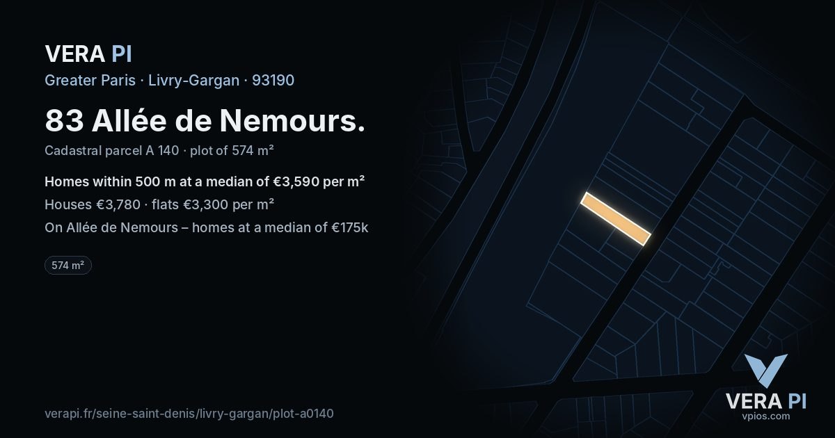 83 Allée de Nemours, Livry-Gargan at night – the plot lit, the parcels around coloured by the prices near them