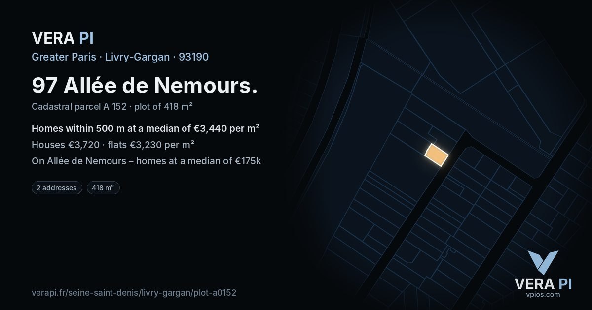 97 Allée de Nemours, Livry-Gargan at night – the plot lit, the parcels around coloured by the prices near them