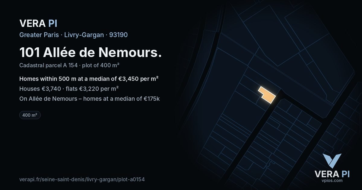 101 Allée de Nemours, Livry-Gargan at night – the plot lit, the parcels around coloured by the prices near them