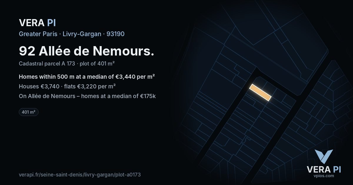 92 Allée de Nemours, Livry-Gargan at night – the plot lit, the parcels around coloured by the prices near them