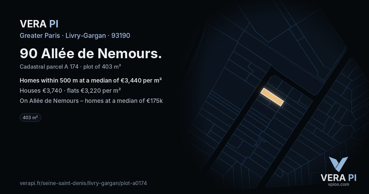 90 Allée de Nemours, Livry-Gargan at night – the plot lit, the parcels around coloured by the prices near them