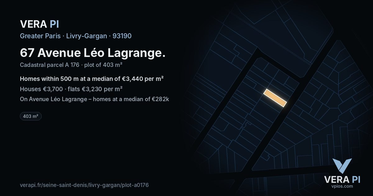 67 Avenue Léo Lagrange, Livry-Gargan at night – the plot lit, the parcels around coloured by the prices near them