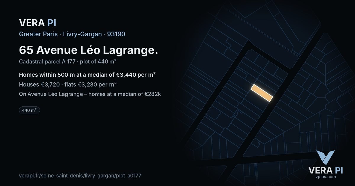 65 Avenue Léo Lagrange, Livry-Gargan at night – the plot lit, the parcels around coloured by the prices near them