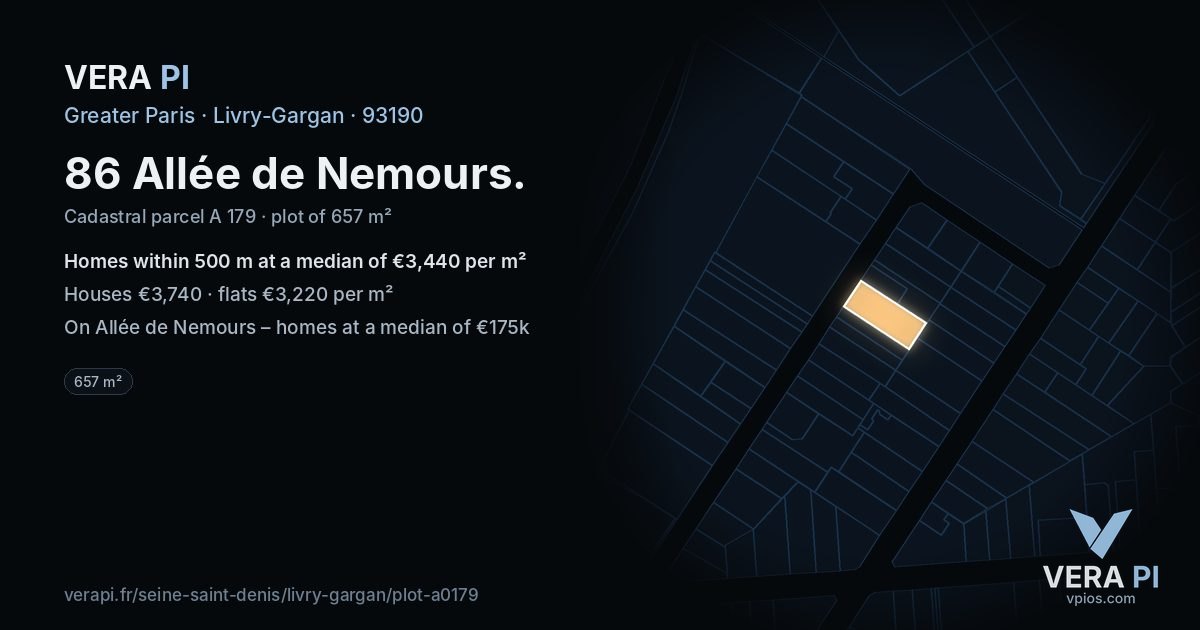 86 Allée de Nemours, Livry-Gargan at night – the plot lit, the parcels around coloured by the prices near them