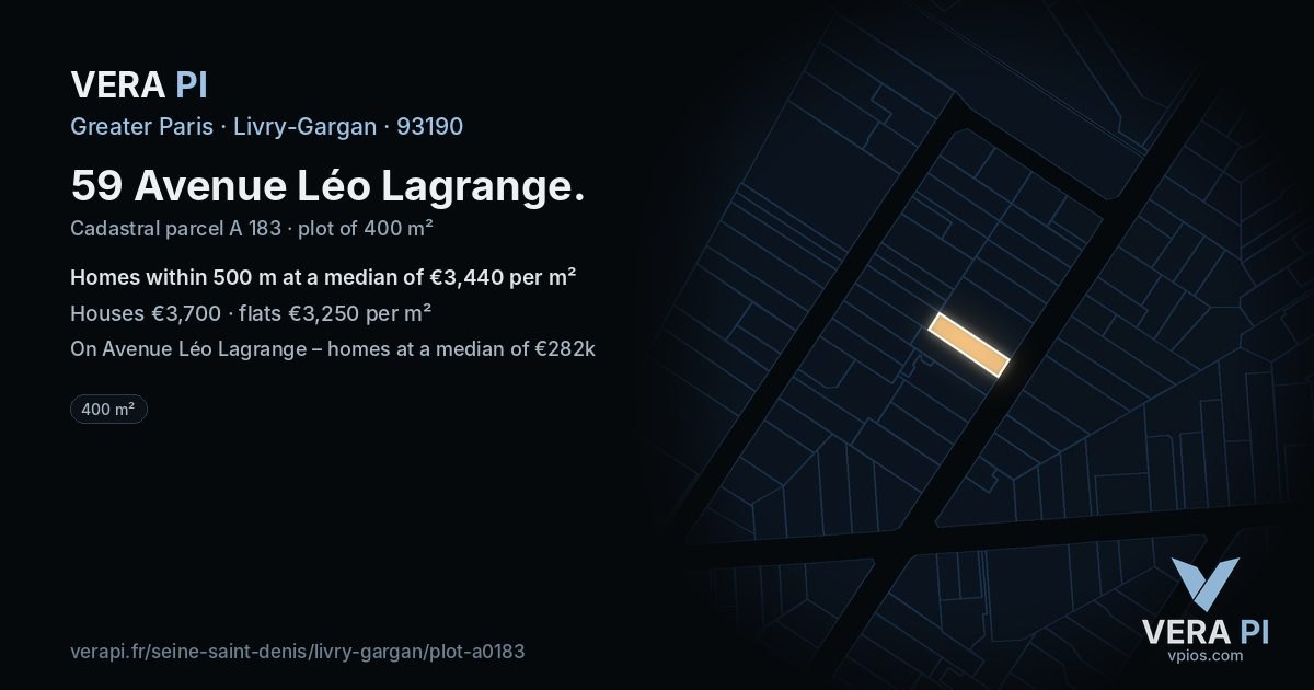 59 Avenue Léo Lagrange, Livry-Gargan at night – the plot lit, the parcels around coloured by the prices near them
