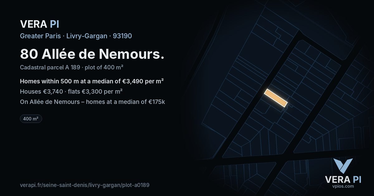 80 Allée de Nemours, Livry-Gargan at night – the plot lit, the parcels around coloured by the prices near them