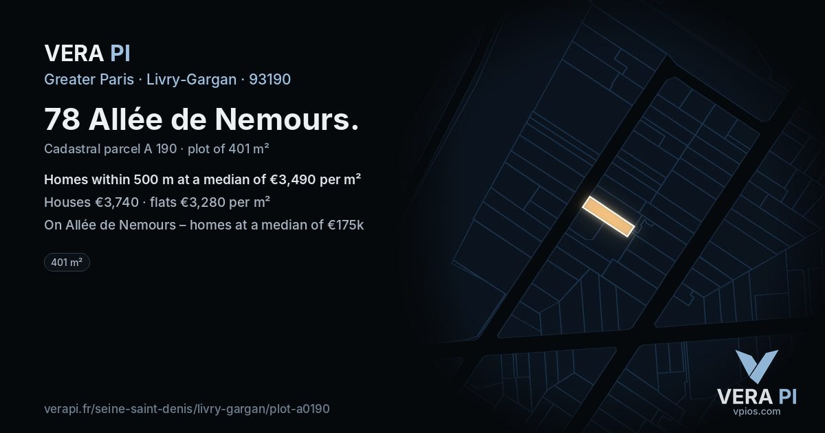 78 Allée de Nemours, Livry-Gargan at night – the plot lit, the parcels around coloured by the prices near them