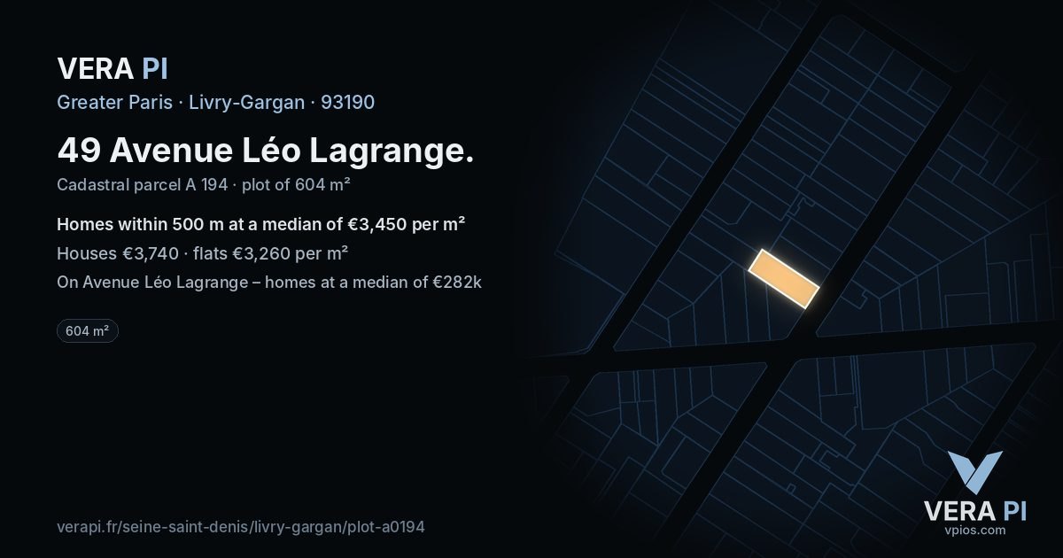 49 Avenue Léo Lagrange, Livry-Gargan at night – the plot lit, the parcels around coloured by the prices near them