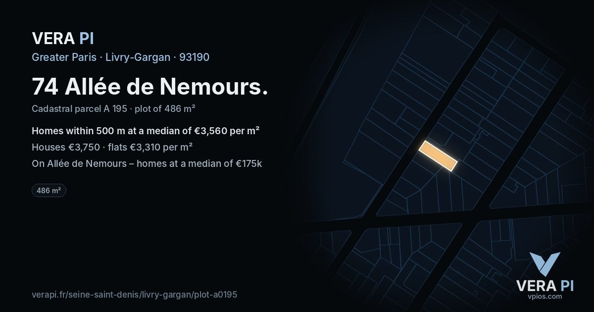 74 Allée de Nemours, Livry-Gargan at night – the plot lit, the parcels around coloured by the prices near them