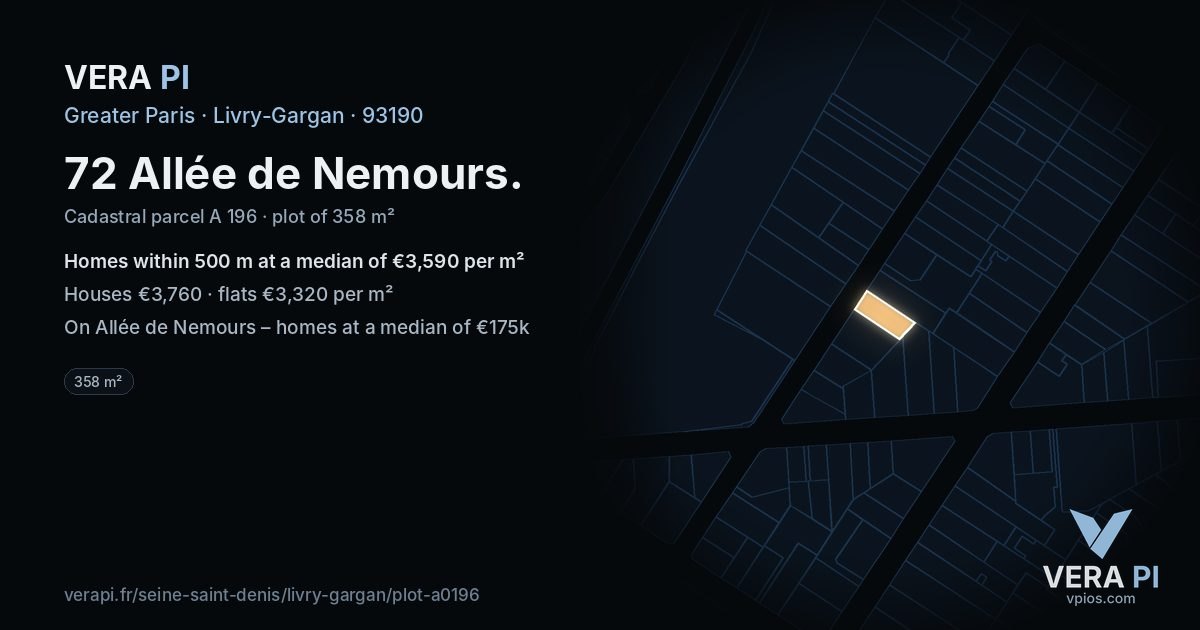 72 Allée de Nemours, Livry-Gargan at night – the plot lit, the parcels around coloured by the prices near them