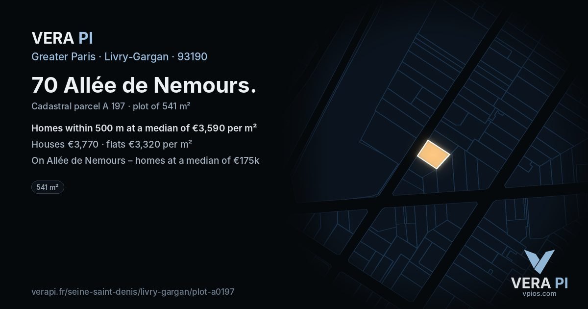 70 Allée de Nemours, Livry-Gargan at night – the plot lit, the parcels around coloured by the prices near them