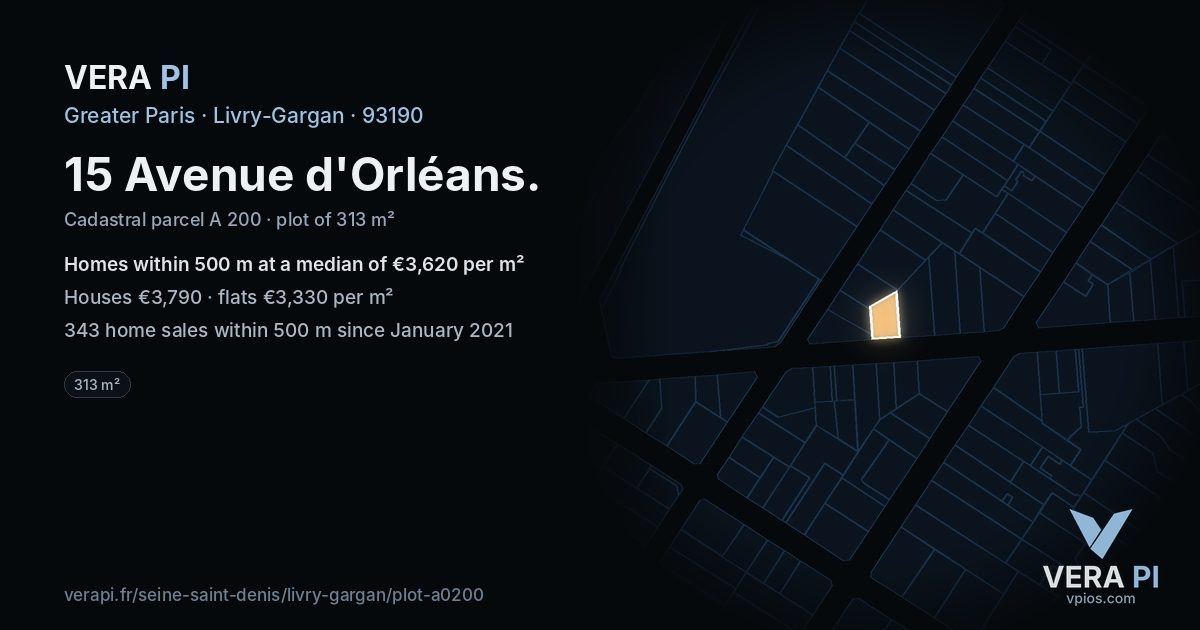 15 Avenue d'Orléans, Livry-Gargan at night – the plot lit, the parcels around coloured by the prices near them