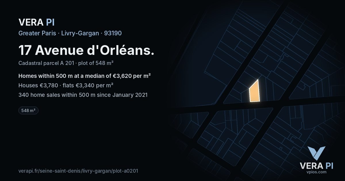 17 Avenue d'Orléans, Livry-Gargan at night – the plot lit, the parcels around coloured by the prices near them