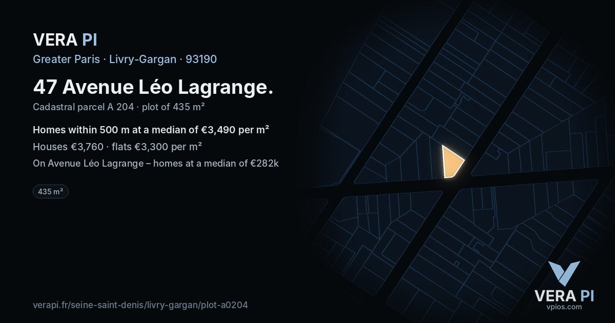 47 Avenue Léo Lagrange, Livry-Gargan at night – the plot lit, the parcels around coloured by the prices near them