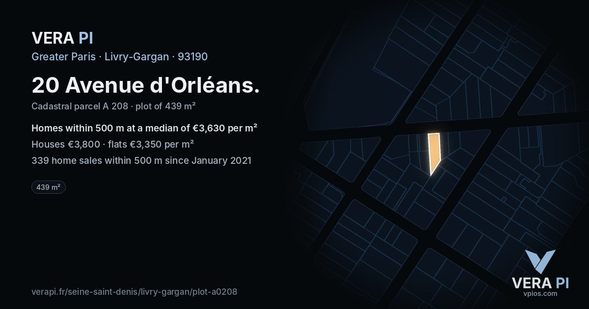 20 Avenue d'Orléans, Livry-Gargan at night – the plot lit, the parcels around coloured by the prices near them