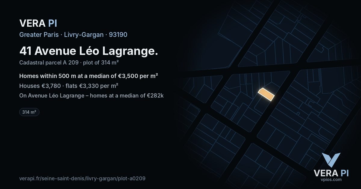 41 Avenue Léo Lagrange, Livry-Gargan at night – the plot lit, the parcels around coloured by the prices near them