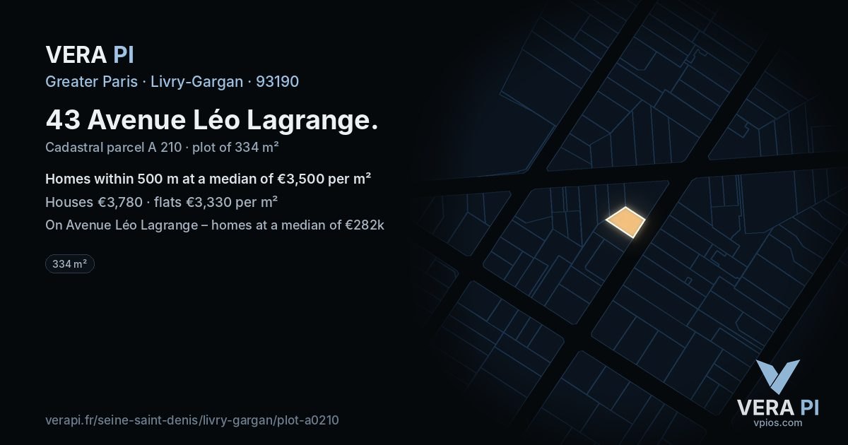 43 Avenue Léo Lagrange, Livry-Gargan at night – the plot lit, the parcels around coloured by the prices near them