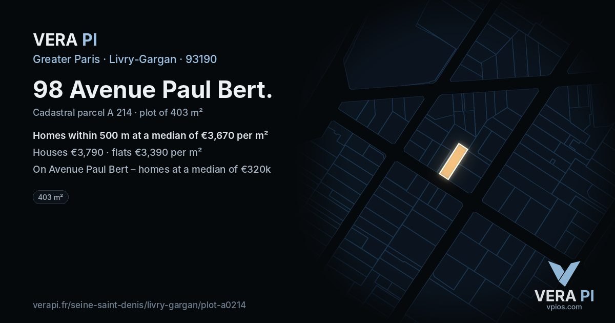 98 Avenue Paul Bert, Livry-Gargan at night – the plot lit, the parcels around coloured by the prices near them