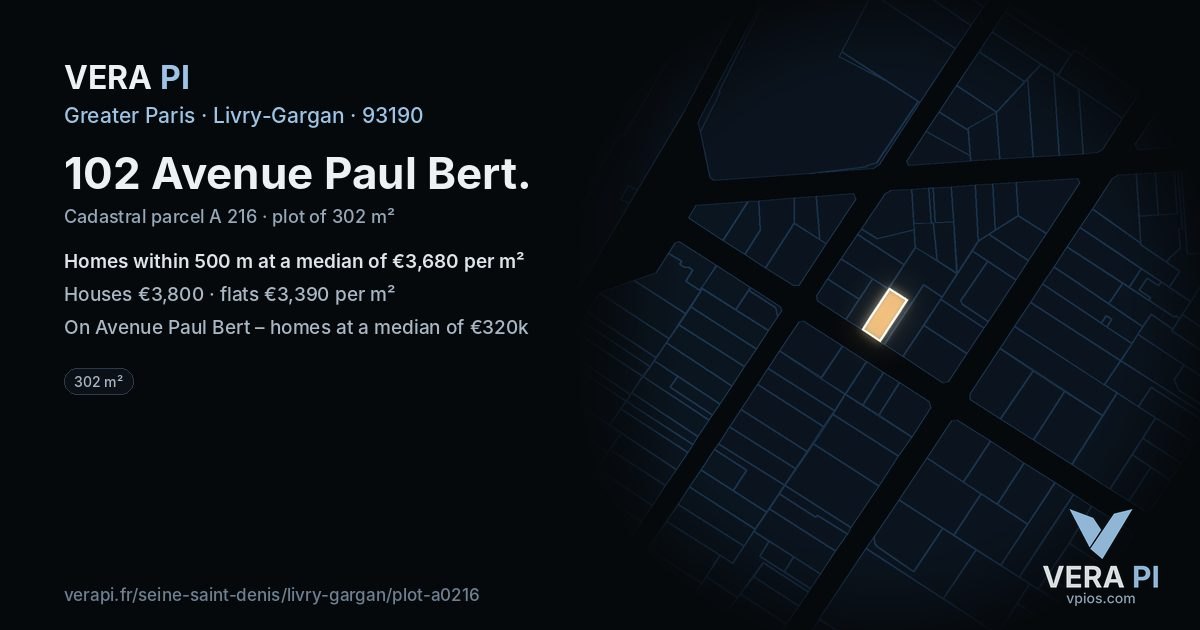 102 Avenue Paul Bert, Livry-Gargan at night – the plot lit, the parcels around coloured by the prices near them