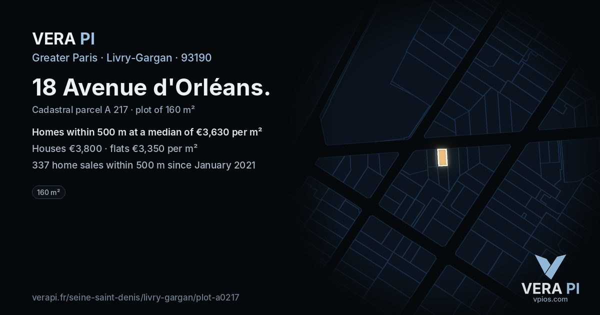 18 Avenue d'Orléans, Livry-Gargan at night – the plot lit, the parcels around coloured by the prices near them