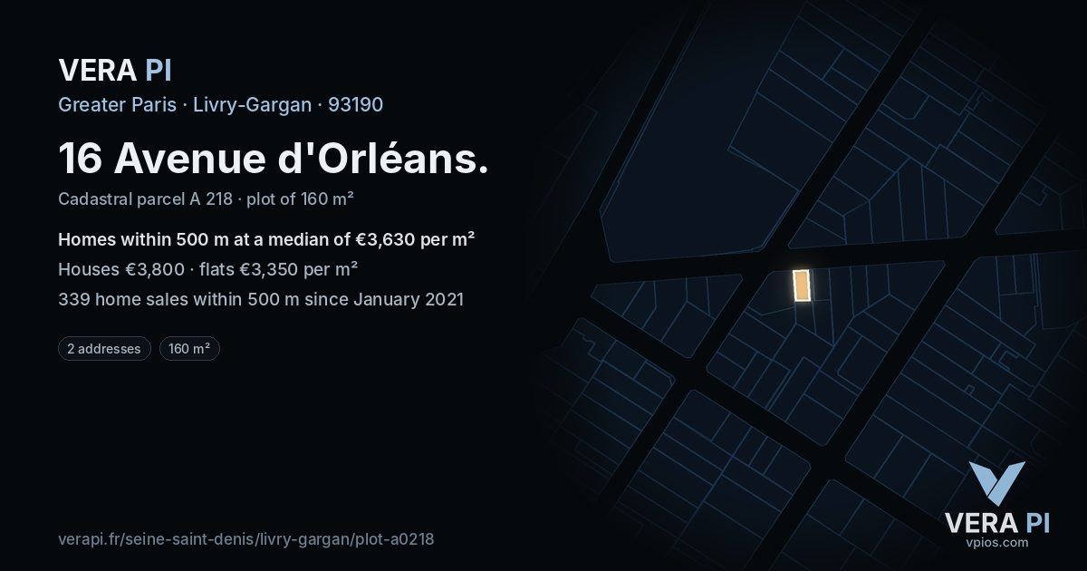 16 Avenue d'Orléans, Livry-Gargan at night – the plot lit, the parcels around coloured by the prices near them