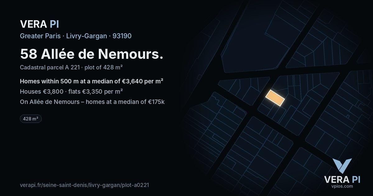 58 Allée de Nemours, Livry-Gargan at night – the plot lit, the parcels around coloured by the prices near them