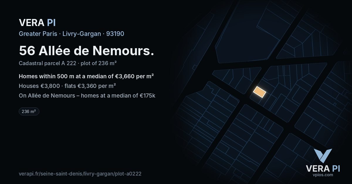 56 Allée de Nemours, Livry-Gargan at night – the plot lit, the parcels around coloured by the prices near them