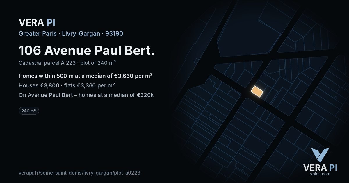 106 Avenue Paul Bert, Livry-Gargan at night – the plot lit, the parcels around coloured by the prices near them