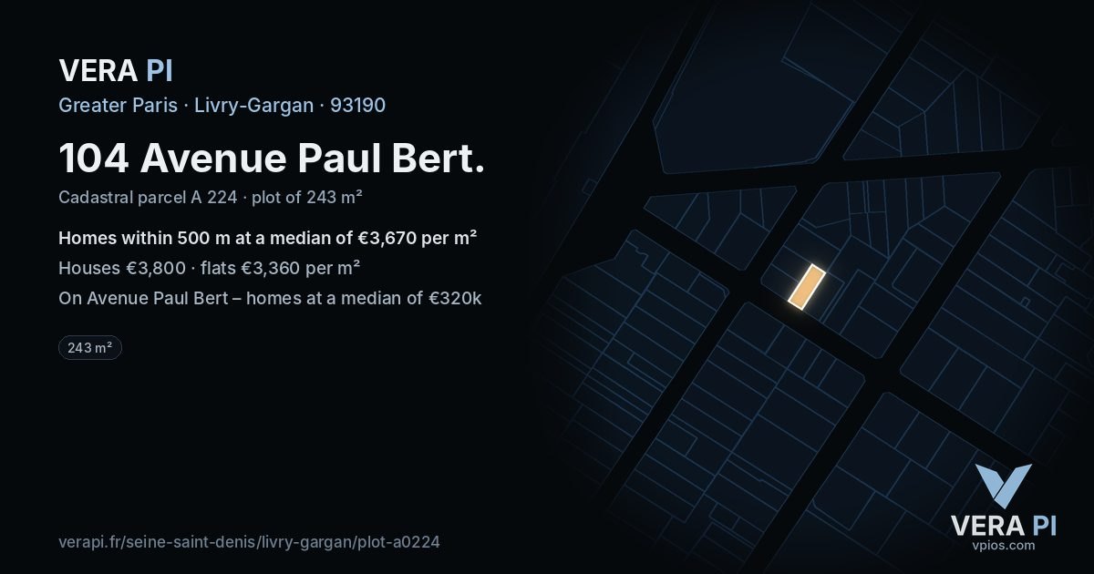 104 Avenue Paul Bert, Livry-Gargan at night – the plot lit, the parcels around coloured by the prices near them