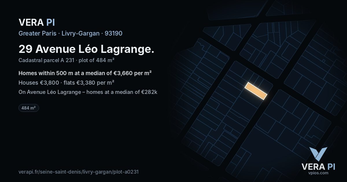 29 Avenue Léo Lagrange, Livry-Gargan at night – the plot lit, the parcels around coloured by the prices near them