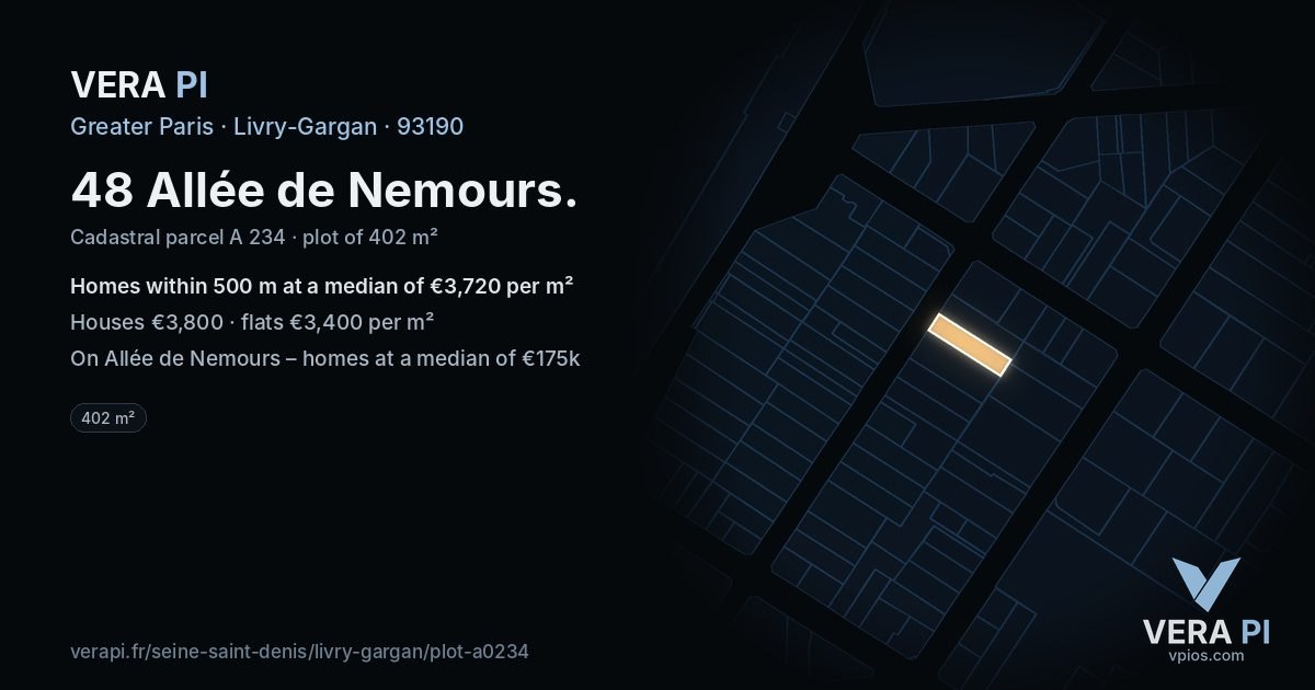 48 Allée de Nemours, Livry-Gargan at night – the plot lit, the parcels around coloured by the prices near them