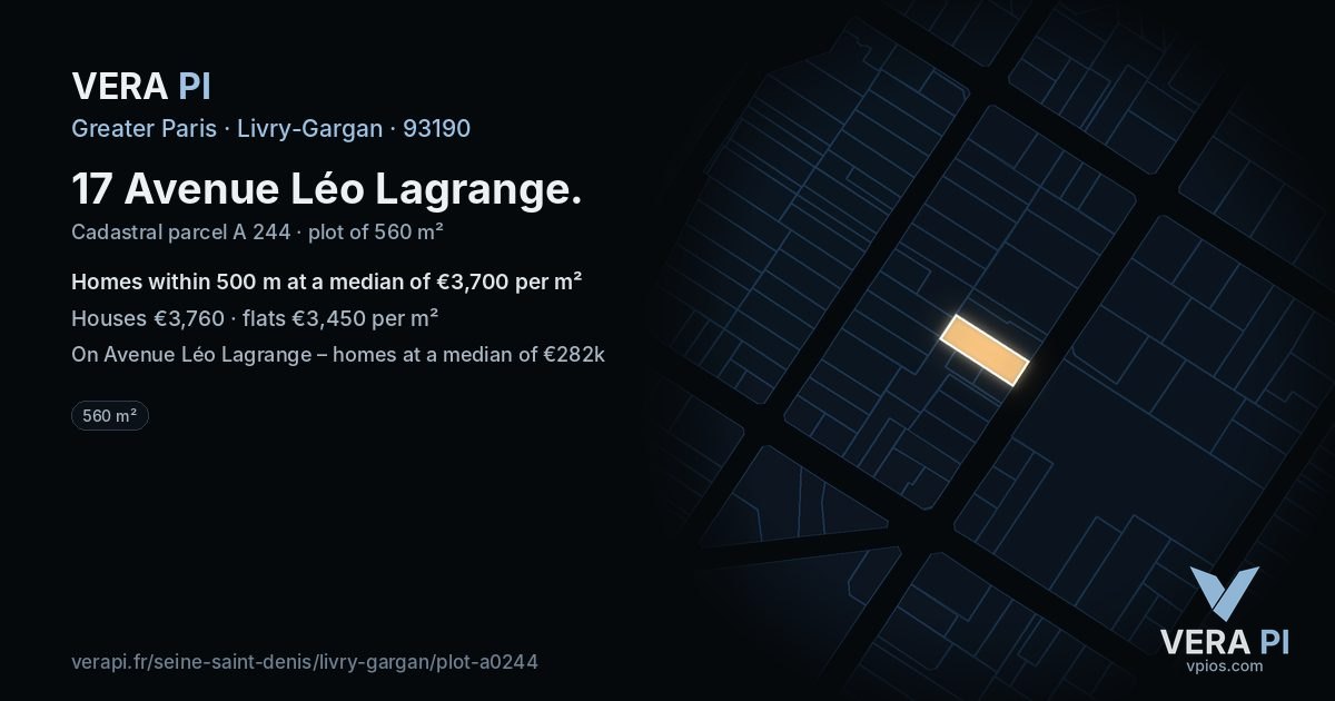 17 Avenue Léo Lagrange, Livry-Gargan at night – the plot lit, the parcels around coloured by the prices near them
