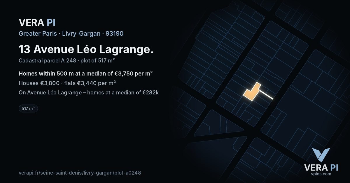 13 Avenue Léo Lagrange, Livry-Gargan at night – the plot lit, the parcels around coloured by the prices near them