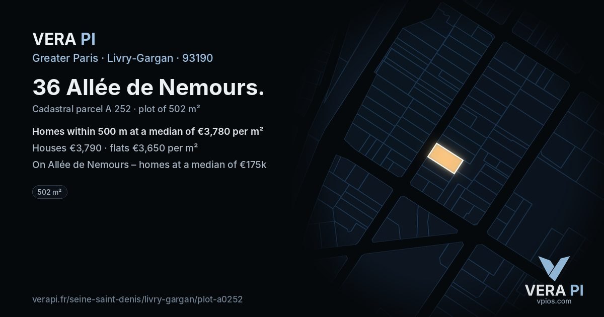 36 Allée de Nemours, Livry-Gargan at night – the plot lit, the parcels around coloured by the prices near them