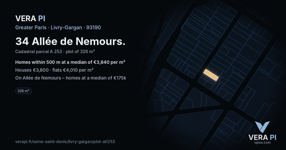 34 Allée de Nemours, Livry-Gargan at night – the plot lit, the parcels around coloured by the prices near them