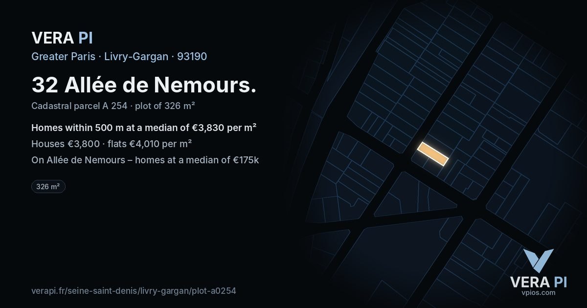 32 Allée de Nemours, Livry-Gargan at night – the plot lit, the parcels around coloured by the prices near them