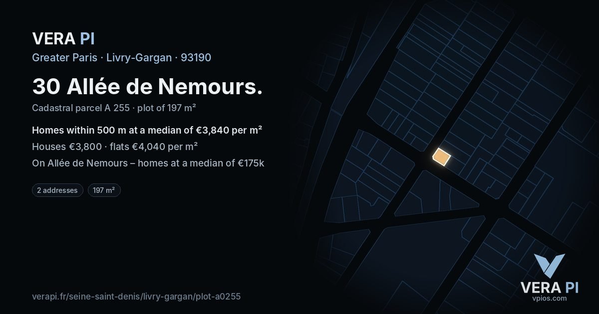 30 Allée de Nemours, Livry-Gargan at night – the plot lit, the parcels around coloured by the prices near them