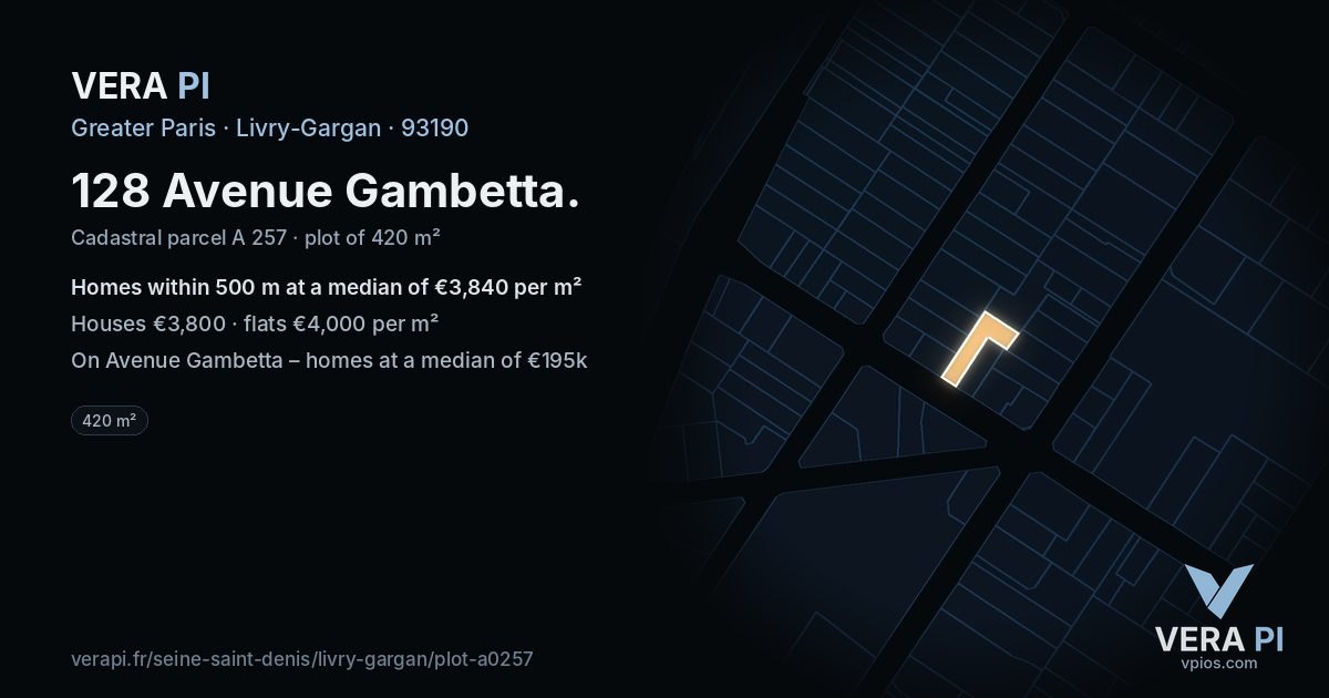 128 Avenue Gambetta, Livry-Gargan at night – the plot lit, the parcels around coloured by the prices near them