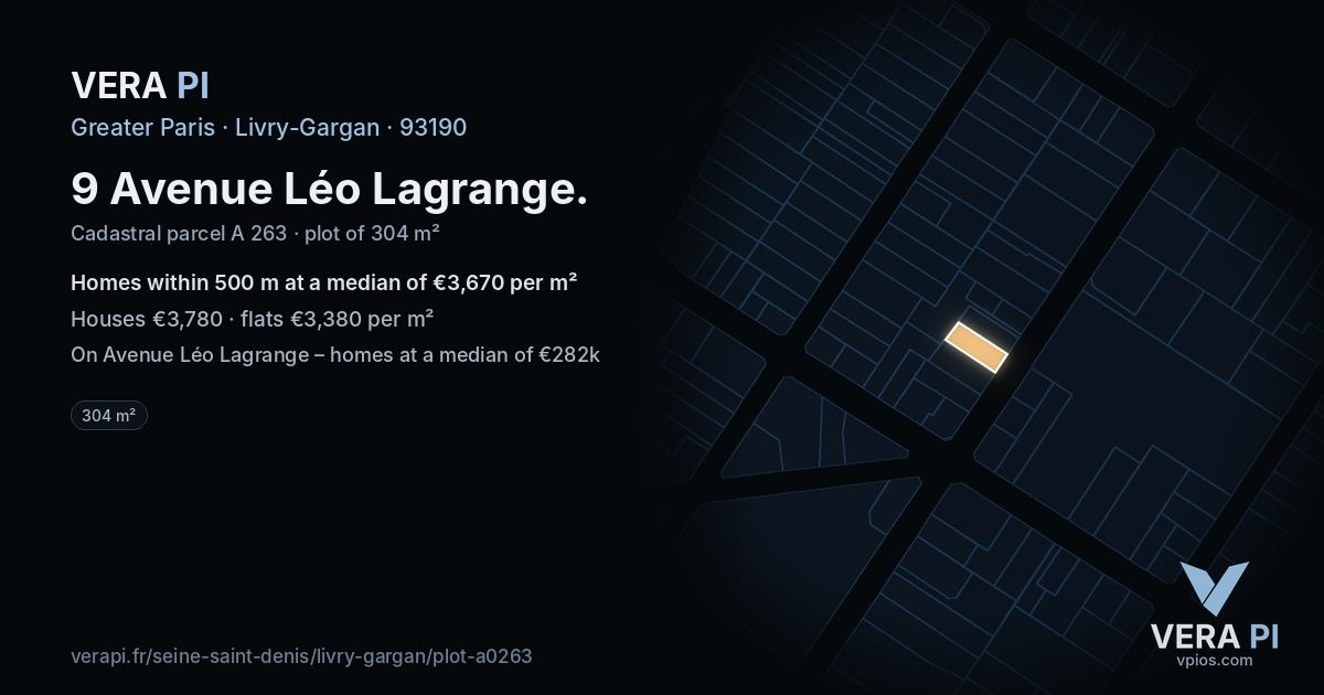 9 Avenue Léo Lagrange, Livry-Gargan at night – the plot lit, the parcels around coloured by the prices near them