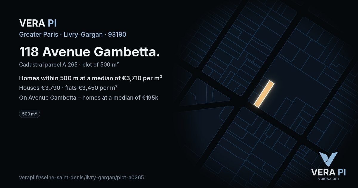 118 Avenue Gambetta, Livry-Gargan at night – the plot lit, the parcels around coloured by the prices near them
