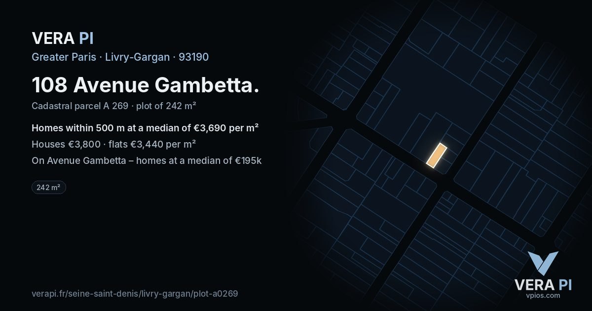 108 Avenue Gambetta, Livry-Gargan at night – the plot lit, the parcels around coloured by the prices near them