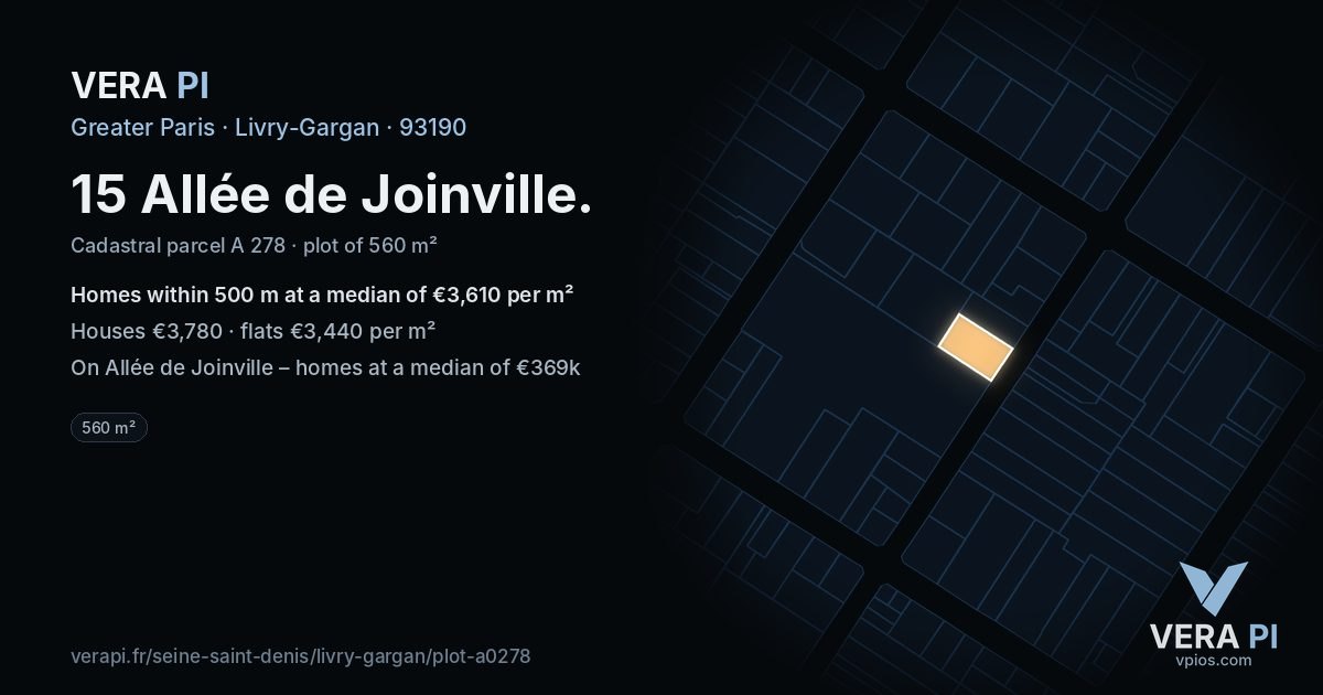 15 Allée de Joinville, Livry-Gargan at night – the plot lit, the parcels around coloured by the prices near them