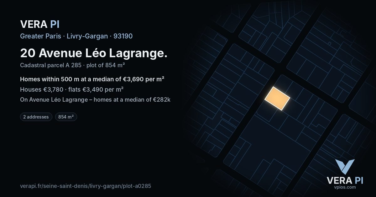 20 Avenue Léo Lagrange, Livry-Gargan at night – the plot lit, the parcels around coloured by the prices near them