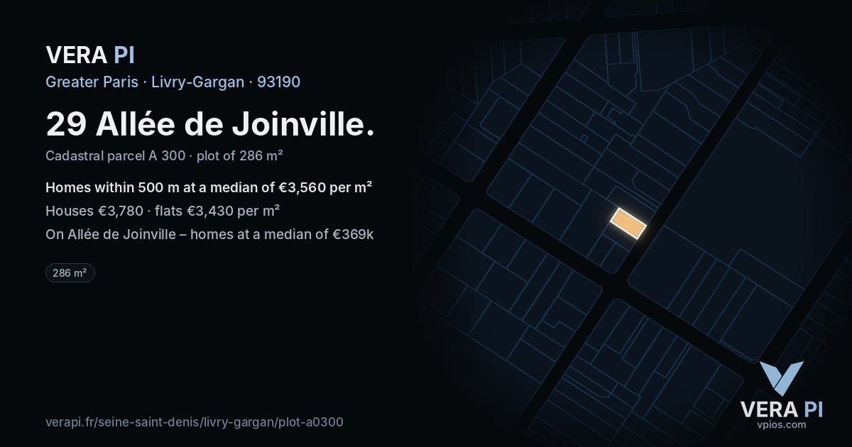 29 Allée de Joinville, Livry-Gargan at night – the plot lit, the parcels around coloured by the prices near them