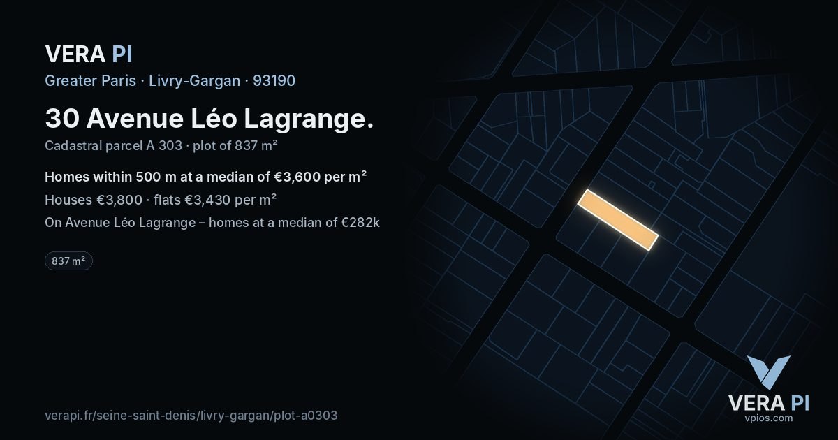 30 Avenue Léo Lagrange, Livry-Gargan at night – the plot lit, the parcels around coloured by the prices near them