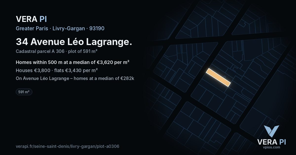 34 Avenue Léo Lagrange, Livry-Gargan at night – the plot lit, the parcels around coloured by the prices near them