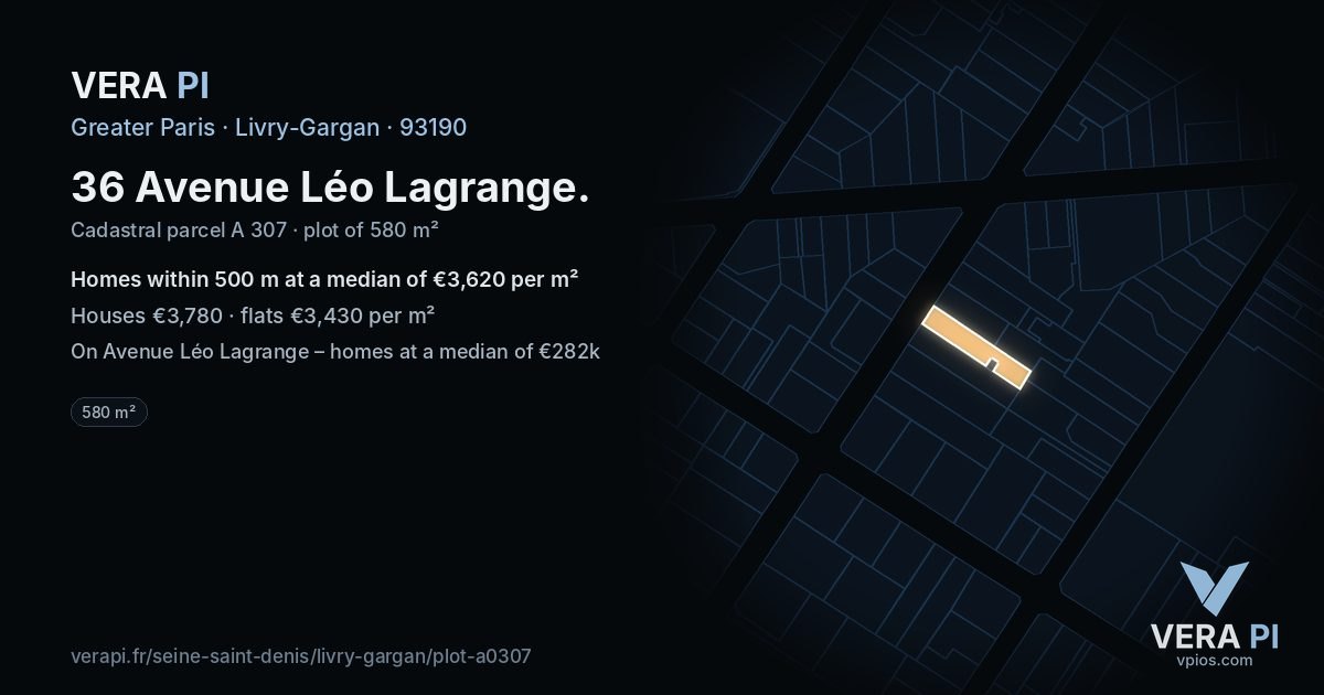 36 Avenue Léo Lagrange, Livry-Gargan at night – the plot lit, the parcels around coloured by the prices near them